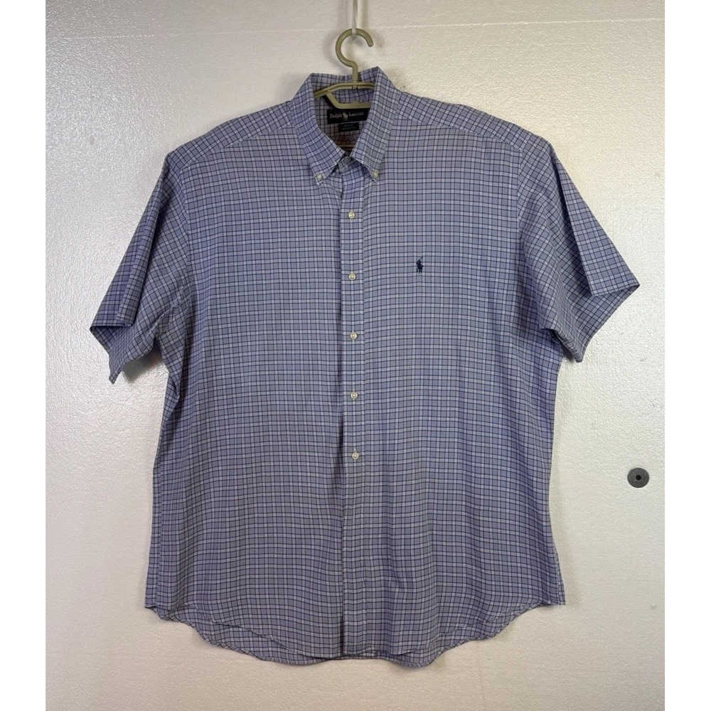 Ralph Lauren Blake Mens Shirt Sz XL Blue Plaid Button Down Logo Short Sleeve